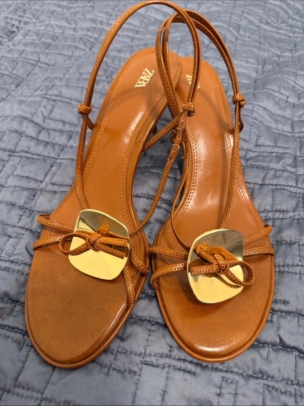 Zara Tan Leather Slingback Sandals with Gold Accent